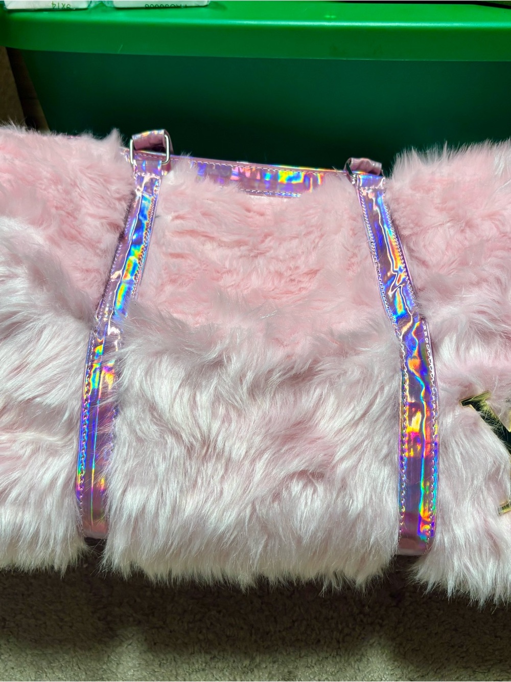 Faux Fur Travel Bag - Pink with Holographic Straps